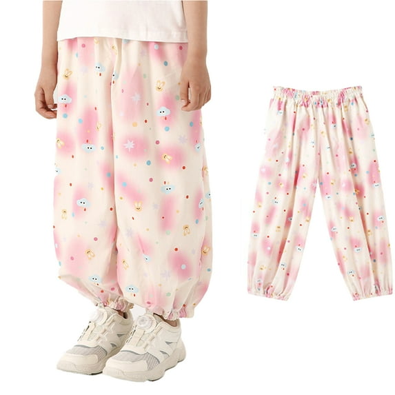 MXIEZI Boys Girls Cotton Summer Pants for 2-12 Years Unisex Cotton Breathable Long Pants Kids Toddler Printed Casual Trousers with Drawstring
