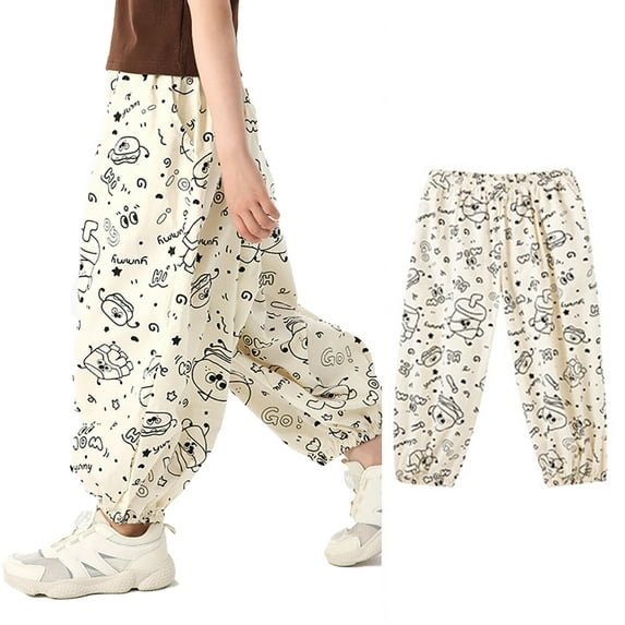 MXIEZI Boys Girls Cotton Summer Pants for 2-12 Years Unisex Cotton Breathable Long Pants Kids Toddler Printed Casual Trousers with Drawstring