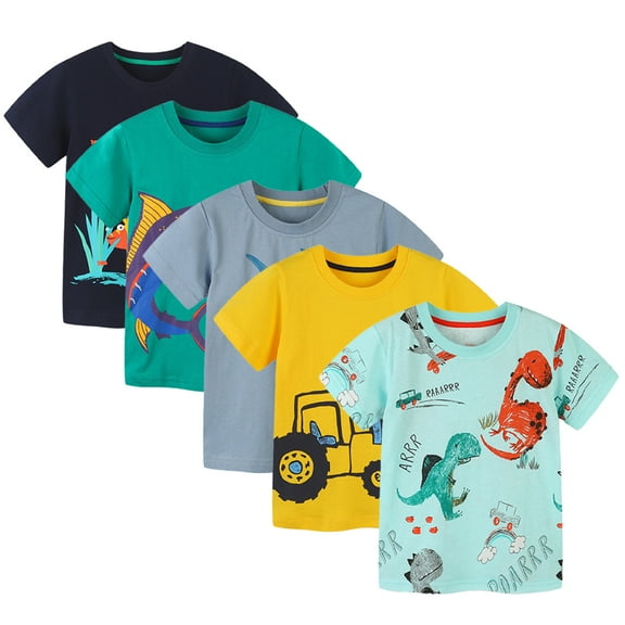 MXIEZI Boys T-Shirts Summer Cartoon Short-Sleeved Shirts for 2-8 Years Toddler Kids Cotton Crewneck Pullover Tees Tops