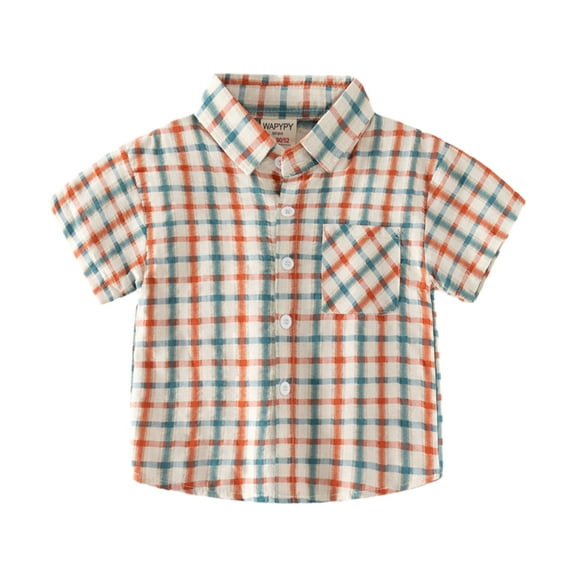 MXIEZI Cotton Plaid Button-Down Shirt for Baby Boys 1-8 Years old Short Sleeve with Pocket Casual Summer Tops for Kids