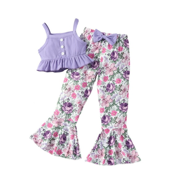MXIEZI Girl Summer 2PCS Outfit Toddler Baby Sleeveless Halter Crop Top + Printed Flare Pants Set for Kids 2-7T