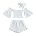 thumbnail image 1 of MXIEZI Girls Cute Summer Outfits for Toddler Kids Off Shoulder Flared Sleeve Top and Ruffle Shorts with Hairband 3PCS Set Stylish and Adorable Childrens Clothing Size 1-6T, 1 of 9