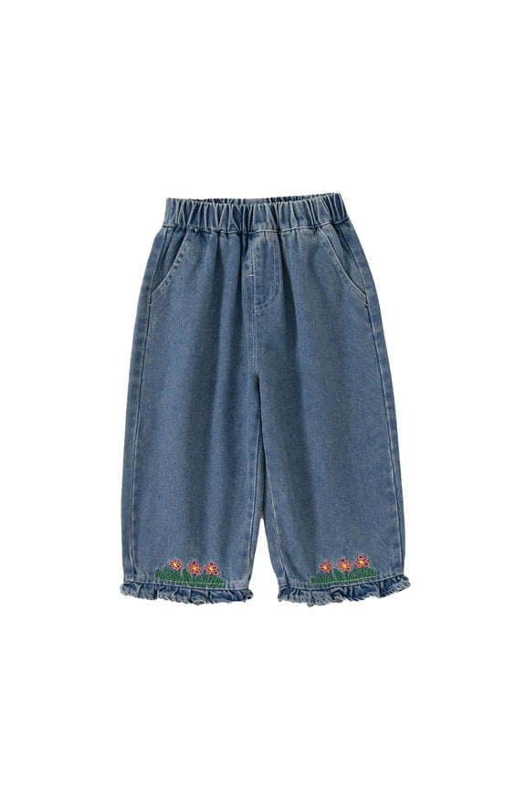 Girls Denim Pants Baby Toddler Leg Baggy Pants Kids Elastic Waist Pants Ripped Jeans Size 12M-8Years