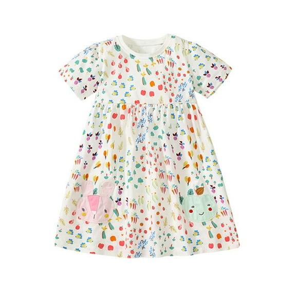 MXIEZI Girls Floral Print Dress for 2-8T Summer Cotton Sundress for Baby Kids A-Line Short-Sleeved Princess Dress