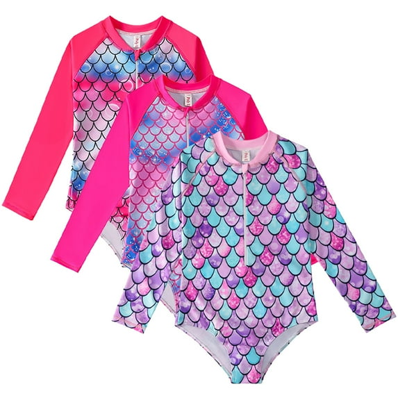 MXIEZI Girls One Piece Swimsuits 4-12Y Bab Big Girl Print Bikini Kids Teen Long Sleeve Bathing Suits Swimming Zipper Beach Summer Swimwear