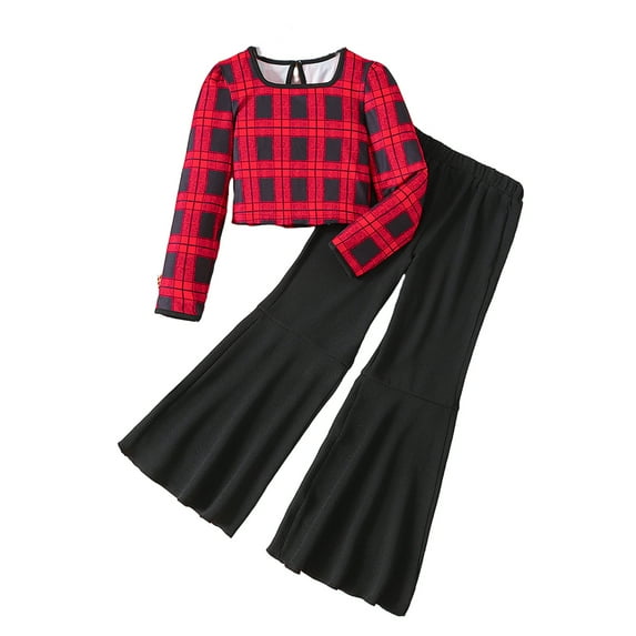 MXIEZI Girls Plaid T-Shirt Outfits Kids Spring Fall Clothing 2PCS Set 8-12 Years Old Crewneck Tops and Flared Pants Sets