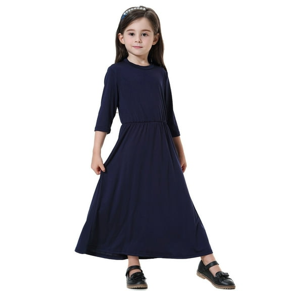 MXIEZI Girls Spring Summer Dress for Kids 1-12T Toddler 3/4 Sleeve Casual Long Dresses Baby Solid Color Sundress Comfortable and Stylish Outfits for Girls