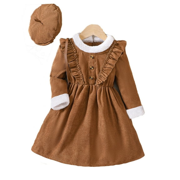 MXIEZI Kids Girls Corduroy Dress Set with Hat for 1-7T Toddler Casual Ruffled Dress Button Long Sleeve Swing Princesses Dresses