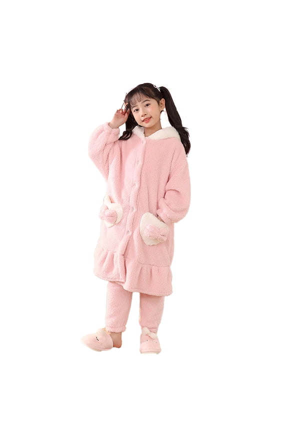 Kids Girls Fleece Hooded Bathrobe Soft Cozy Long Robes Warm Long-Length Pajamas with Hoods 6-15T
