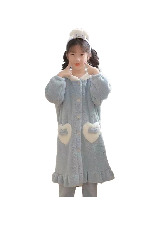 Kids Girls Fleece Hooded Bathrobe Soft Cozy Long Robes Warm Long-Length Pajamas with Hoods 6-15T