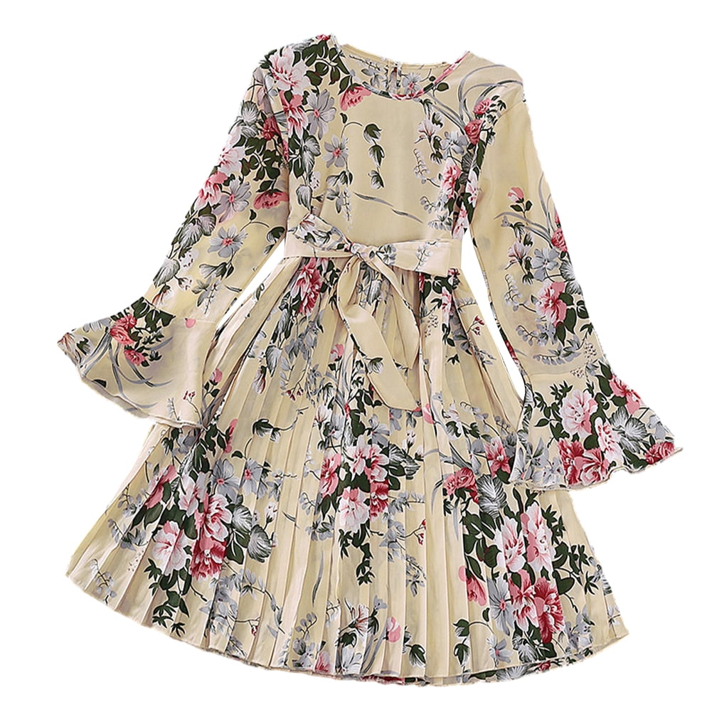long sleeve dress teens MXIEZI Little Girls Floral Dresses Teen Long Sleeve Dress for 5-12T Kids  Flare sleeve Fall Winter Dress