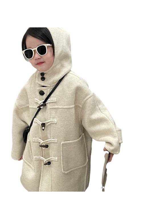 Toddler Kids Boys Girls Solid Wool Toggle Coat Jacket Winter Hooded Thicken Outwear 2-11Y