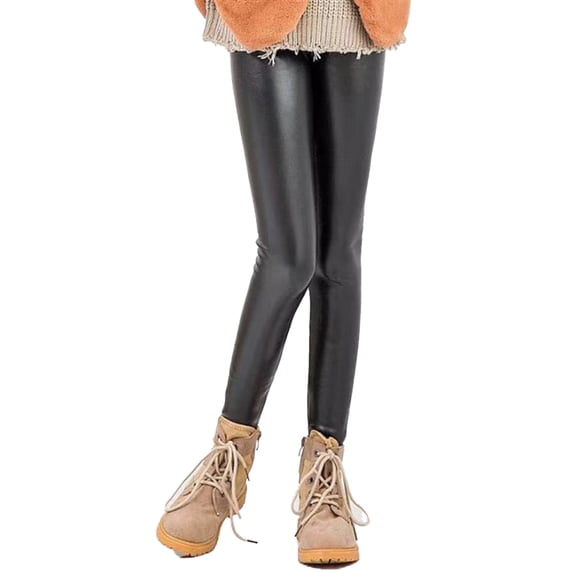 MXIEZI Toddler Kids Winter Fall Leather Leggings Pants for Girls 1-15T Solid Color Thick Fleece Pants Baby Lined Faux Leather Trouser