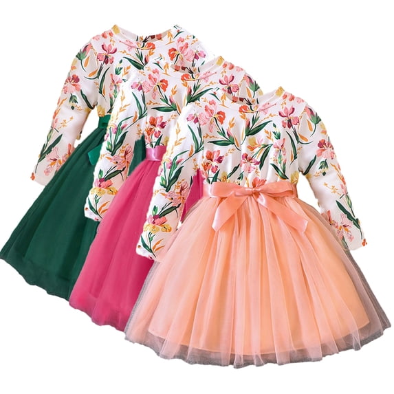 MXIEZI Toddler Spring Fall Flower Prints Dress Mesh Fashion Dress Little Girls Long Sleeve Dresses for Kids 1-7 T