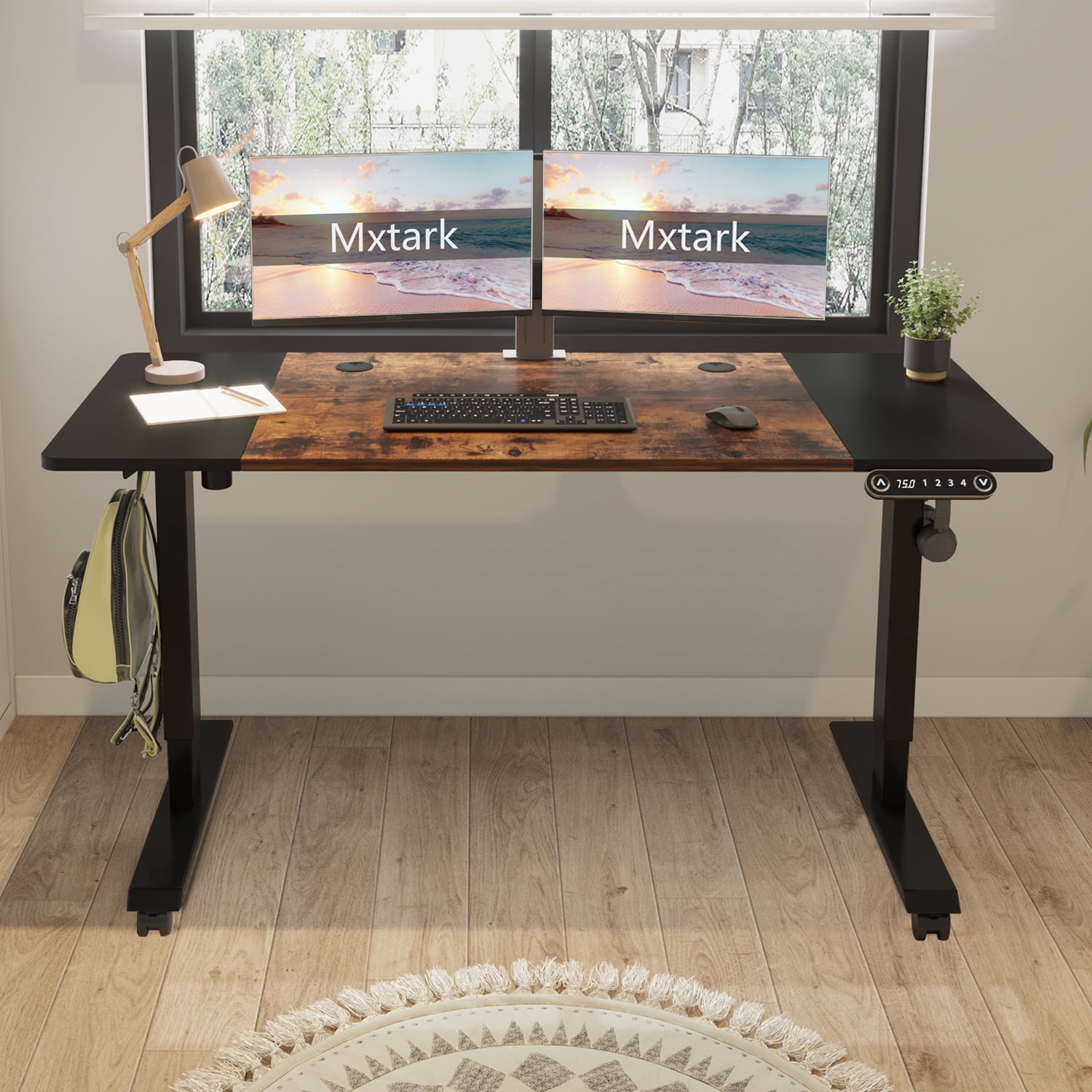 MXTARK 55'' x 24''Ergonomic Stand Up Desk for Home Office,Ergonomic Stand Up Desk for Study,Adjustable Height Electric Standing Desk,Sit Stand Desk with Splice Board,Black Frame + Brown Top