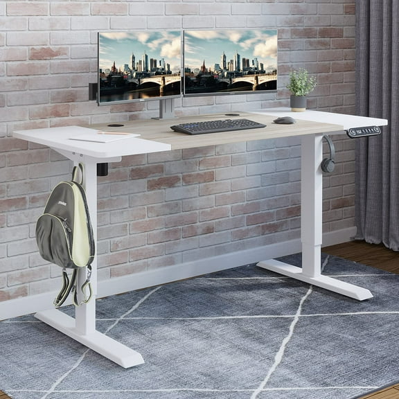 MXTARK 55'' x 24'' Stand Up Desk,Electric Height Adjustable Standing Desk,Adjustable Ergonomic Desk,Splice Board Home Office Computer Standing Table,White Frame + White+Maple Top