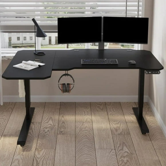 MXTARK 59-Inch Electric Standing Desk,Height Adjustable Computer Desk Sit Stand Desk, L-Shaped,Black Finish,(Black Frame + Black Top)