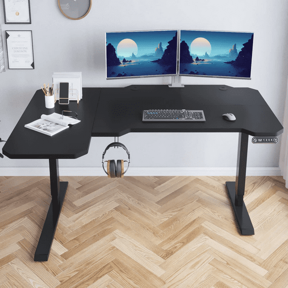 MXTARK Electric Standing Desk（Roller）,Height Adjustable Computer Desk Sit Stand Desk, L-Shaped,Black Finish,59"