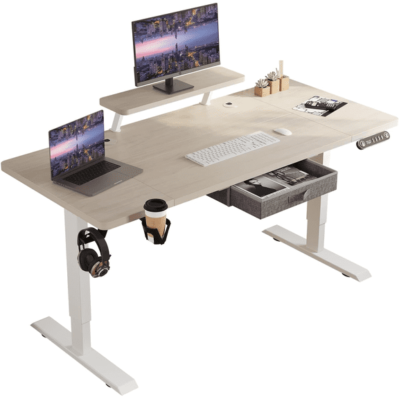 MXTARK Height Adjustable Electric Standing Desk with One Drawer, Table with Storage Shelf, Sit & Stand Home Office Desk with Storage Space (Pear wood, 63x30)