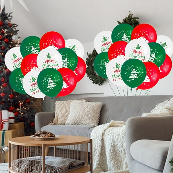 MXTPOV 24Pcs Christmas Balloons Christmas Tree Bell Printed Christmas Decorations Red Green and White Latex Balloons with 2 Rolls 5m Rope for Christmas Birthday Wedding Home Decor