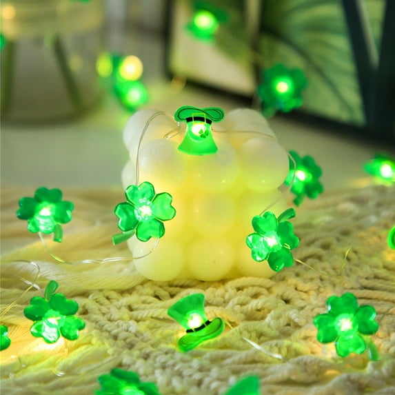 MXTPOV 6.6Ft St Patricks Day Lights, Lucky Shamrock Hats String Lights for Party, 30 LED Lights St Patricks Day Decorations, USB Green Lights, Home Decor