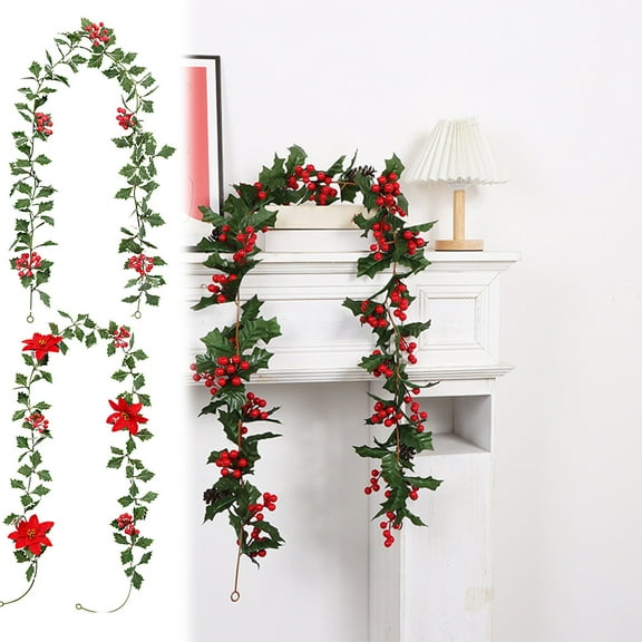 MXTPOV Artificial Christmas Garland, Green Garland with Red Berries, Garlands for Decoration Christmas Fireplace Party Wedding, Home Decor, 5.58 FT
