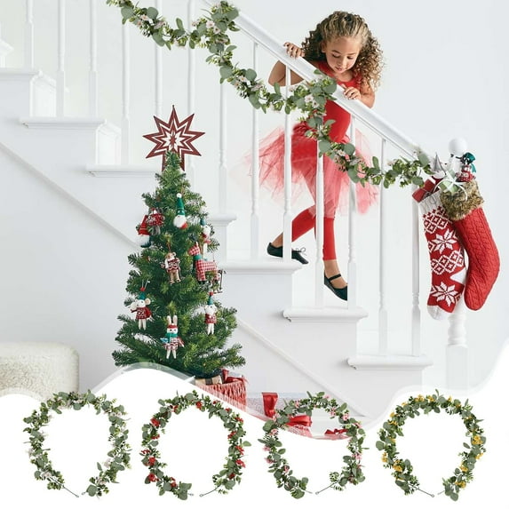 MXTPOV Artificial Christmas Garland, Green Garland with Red Flowers, Garlands for Decoration Christmas Fireplace Party Wedding, Home Decor, 5.84 FT