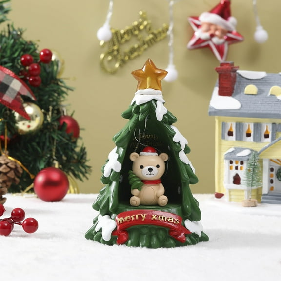 MXTPOV Artificial Resin Christmas Lights with LED Lights, Green Christmas Tree with Star Tree Top, Exquisite Bear Christmas Decorations for Kids Party Home Decor, 6.7 inch, Green