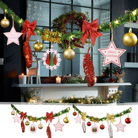 MXTPOV Christmas Garland, Green Garland with Bows Balls and Wooden Ornaments, Garlands for Decoration Christmas Fireplace Party Wedding, Home Decor, 7.22 FT