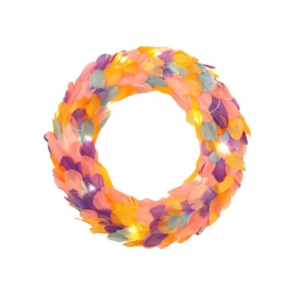 MXTPOV Colorful Feather Wreaths for Front Door, Creative Easter Wreath wIth String Lights, Pre-lit Spring Wreaths for Front Door, Easter Wreath Christmas Wreath, Home Decor