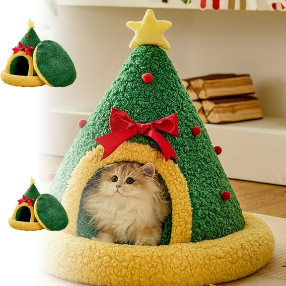 MXTPOV Cute Cat Bed, Christmas Tree Shaped Cat House, Cat Beds for Indoor Cats, Warm Fluffy Cat Cave for Puppy Kittens and Small Pets, Home Decor, Green, 19*19 inch
