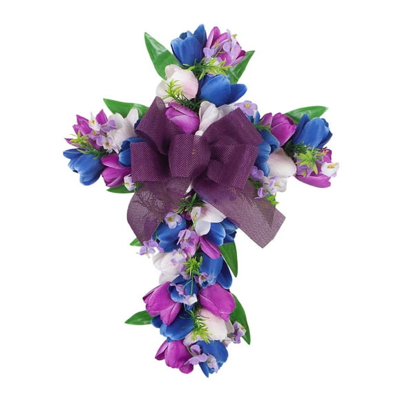 MXTPOV Exquisite Cross Wreath with Tulips, Creative Spring Wreath with Bow for Wall Decor, Easter Wreaths for Front Door, Easter Decorations