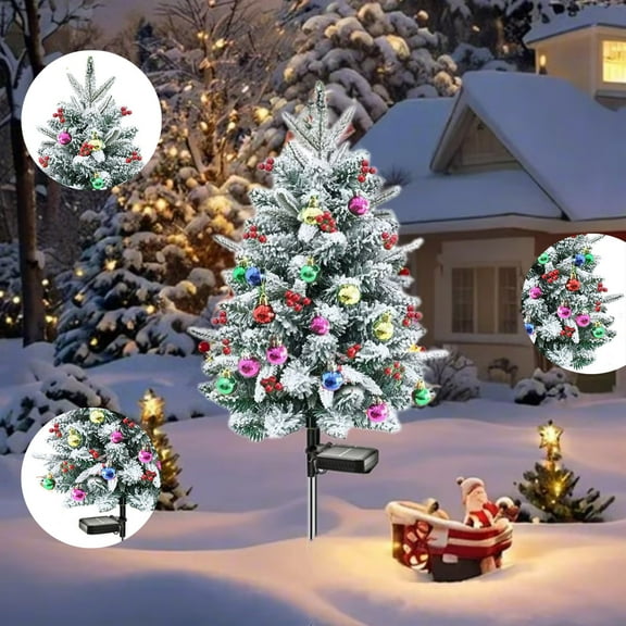 MXTPOV Flocked Christmas Tree Solar Lights, Christmas Lights with 20 Colorful LED Lights, Solar Lights with Decorative Balls Red Berries, Christmas Decorations for Patio Yard Garden, 2.46FT