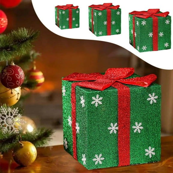 MXTPOV Green Christmas Gift Boxes Ornaments, 5.9in Christmas Gift Boxes with Snowflakes Pattern, Glitter Gift Box with Red Bow, Christmas Boxes for Party Xmas Home Decor