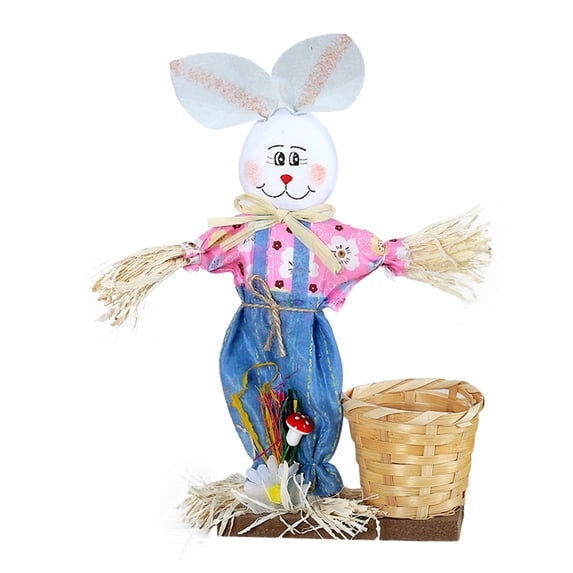 MXTPOV Handmade Scarecrow Rabbit Ornaments for Table Decor, Creative Easter Bunny Decor with Basket, Easter Decorations, Easter Basket Stuffers, Home Decor