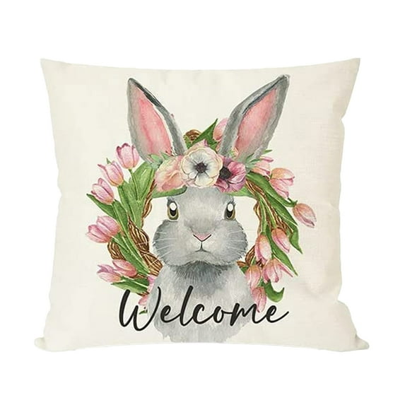 MXTPOV Happy Easter Pillow Covers 18x18, Cute Rabbits Flowers Pillow Covers for Couch Sofa, Easter Decorations, Decorative Throw Pillow Covers for Home Decor