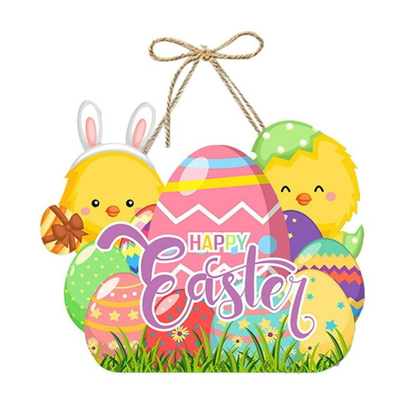 MXTPOV Happy Easter Wooden Signs, Cute Rabbits Chicks Easter Eggs Printed Signs Hanging for Wall Decor, Welcome Sign for Front Door, Easter Decorations, Home Decor