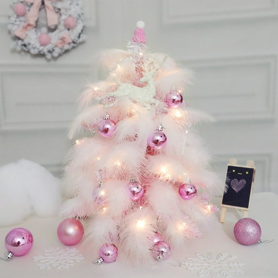 MXTPOV Pink Christmas Tree 23.6in Artificial Feather Christmas Tree with LED Light Pink Christmas Balls Xmas Tree Exquisite Christmas Decorations Home Decor