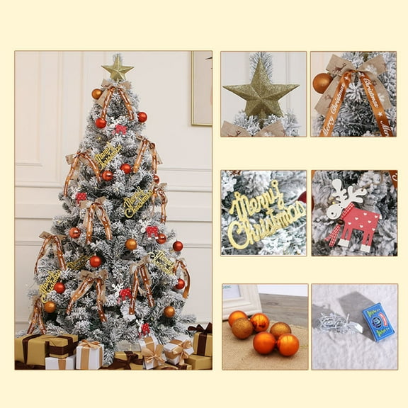 MXTPOV Pre-lit Christmas Tree with String Lights, Artificial Flocked Christmas Tree with Balls Bows Ornaments, Green Christmas Decorations for Party Home Decor, 17.7in