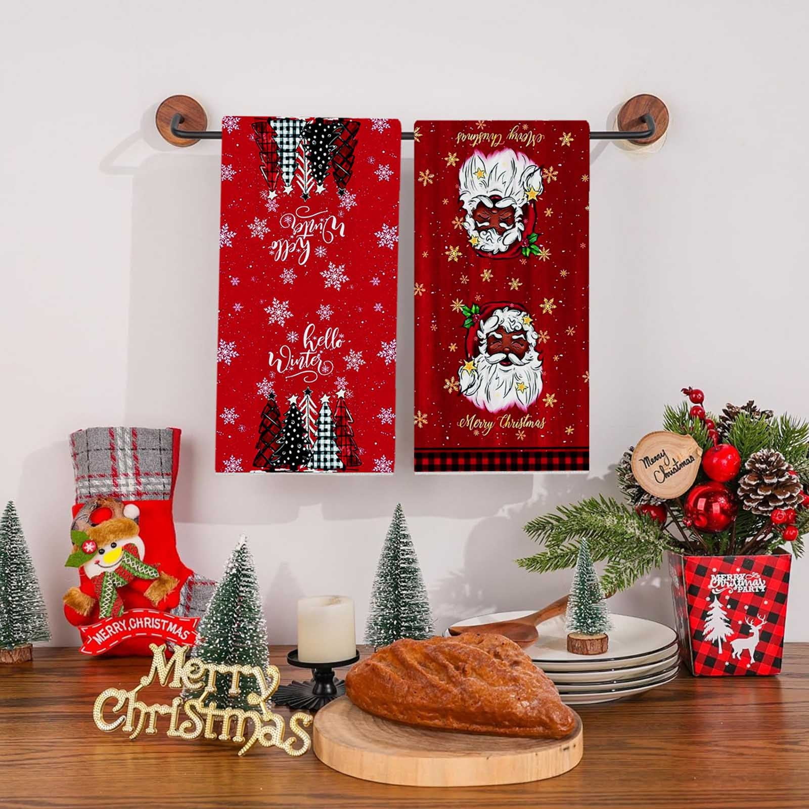 MXTPOV Red Bath Towels, Santa Claus Snowflakes Printed Towels, Merry ...