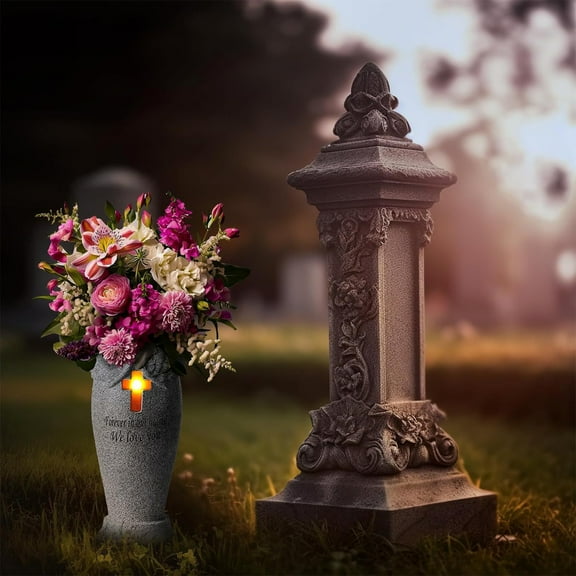 MXTPOV Solar Cemetery Grave Vase with LED Lights, Headstones Vases with Spikes Gravestone Decor Memorial Gifts for Loss of Loved One, Sympathy Gifts