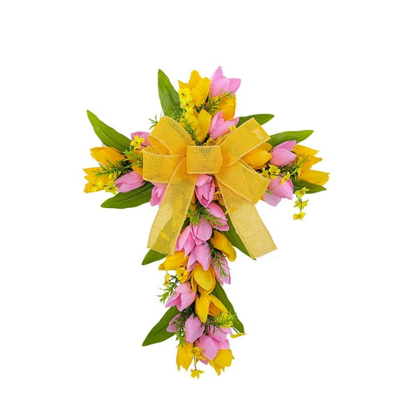 MXTPOV Spring Wreaths for Front Door, Yellow Bow Cross Wreath with Fake Lilies for Wall Decor, Spring Wreath for Party Home Decor, Spring Decor Wreath