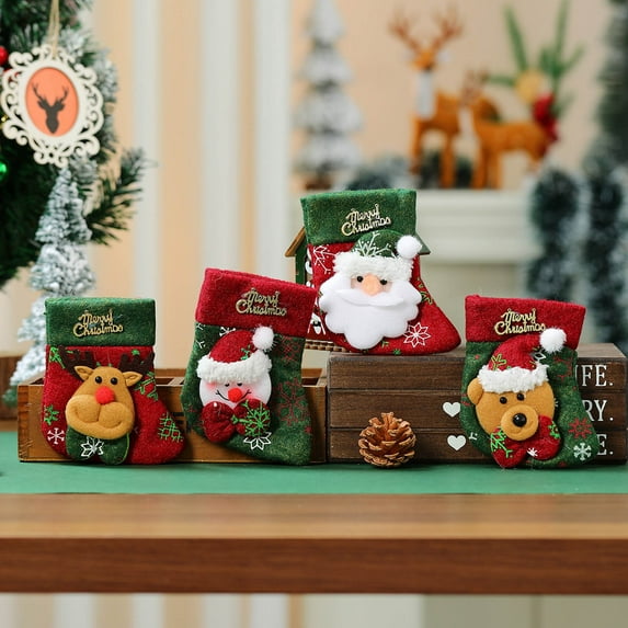 MXTPOV Vintage Christmas Stockings, Christmas Tree Decorations Stockings, Santa Snowman Reindeer Beer Stockings for Fireplace Wall Hanging, Home Decor Set of 4