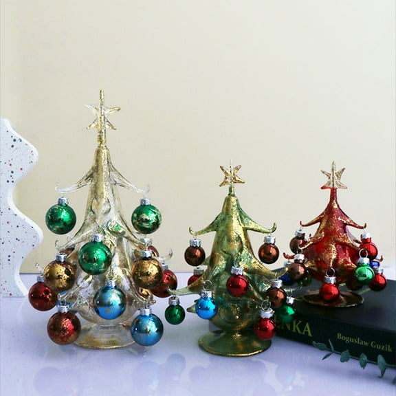 MXTPOV Yellow Christmas Tree, Glass Christmas Tree Ornaments for Tabletop, Xmas Tree with Decorative Balls, Christmas Decorations Crafts, Home Decor, 9.5in