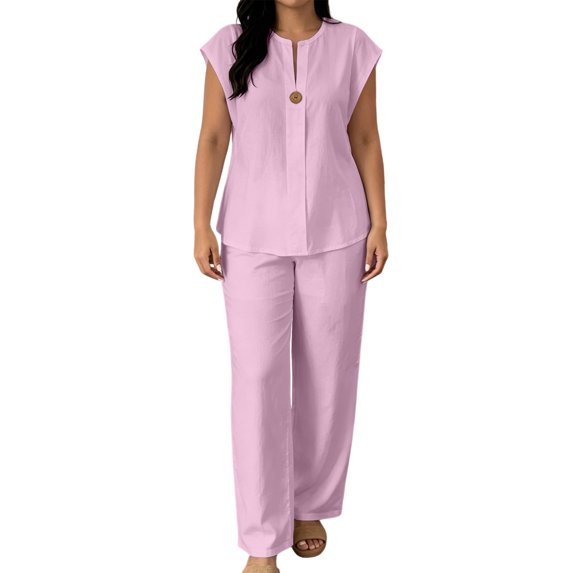 MXUIKV 2 Piece Sets for Women Summer Loose Fitted Sleeveless V-Neck T-Shirts Straight Leg Trousers(Large,Pink)