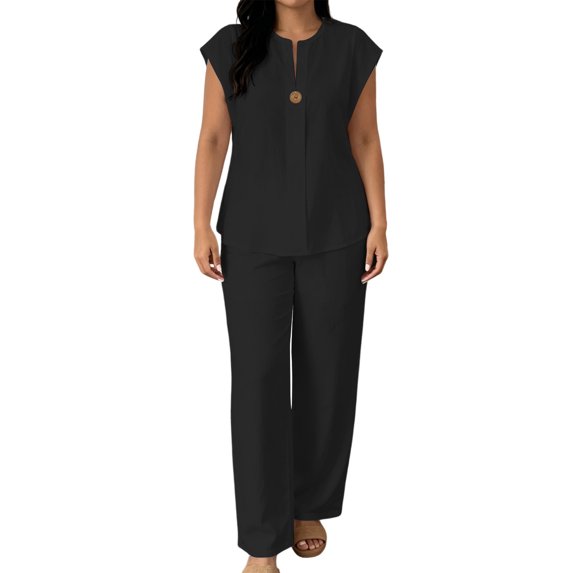 MXUIKV 2 Piece Sets for Women Summer Loose Fitted Sleeveless V-Neck T-Shirts Straight Leg Trousers(Small,Black)