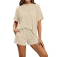 thumbnail image 1 of MXUIKV 2 Piece Sets for Women Summer Ribbed Loose Fitted Crew Neck T-Shirts Elastic Waist Shorts with Pockets(Small,Beige), 1 of 5