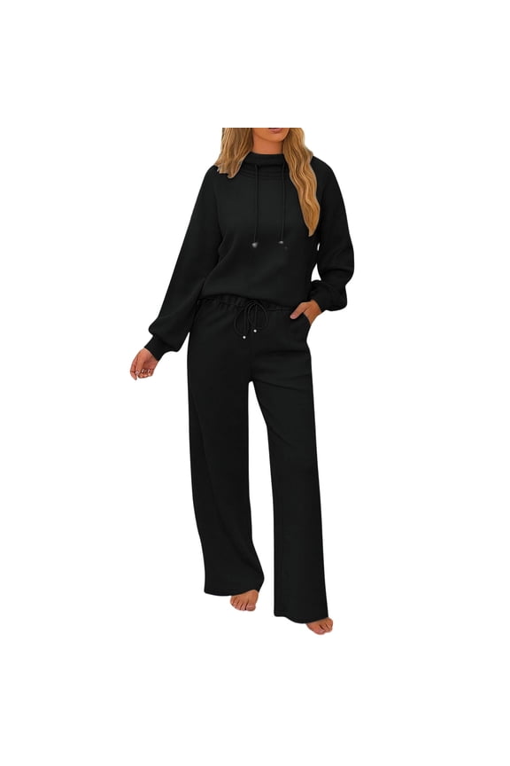 3 Piece Sets for Women Sweatsuit Mock Neck Loose Fitted Tops Straight Leg Elastic Waist Pants(3X-Large,Black)