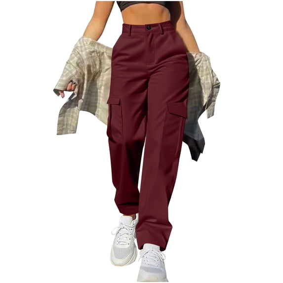 MXUIKV Cargo Pants Women Straight Leg Elastic Waist Loose Fitted Plus Size Button Trousers with Multi Pockets(Small,Wine)