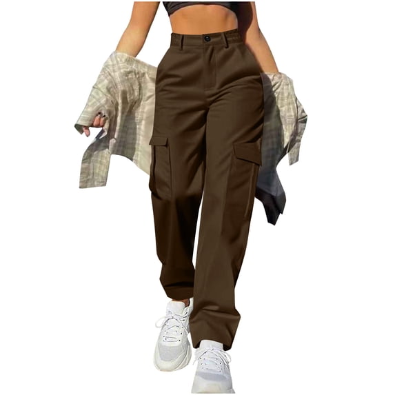 MXUIKV Cargo Pants Women Straight Leg Elastic Waist Loose Fitted Plus Size Button Trousers with Multi Pockets(X-Large,Brown)